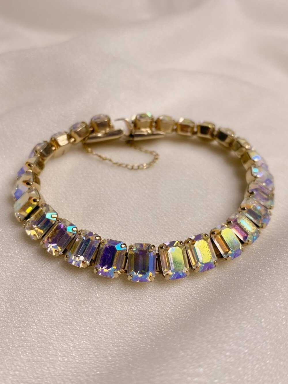 Vintage 60's Aurora Borealis Crystal Baguette Rhinestone Gold Tennis Bracelet